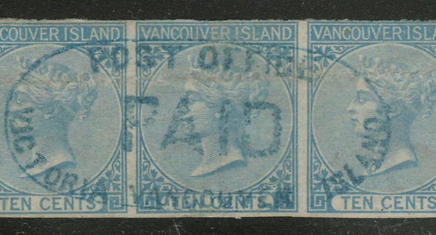 B.C. #4 Fine Post Office Paid Blue Oval Used Strip, crease $3000. (3)