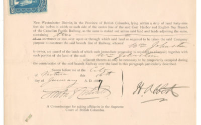Harry Abbott signed 1887 C.P.R. completion Supreme Court document