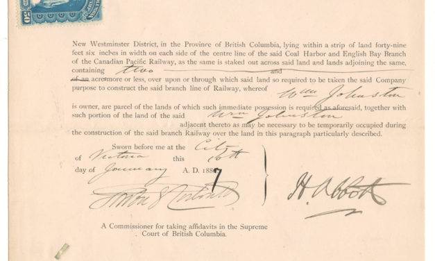 Harry Abbott signed 1887 C.P.R. completion Supreme Court document
