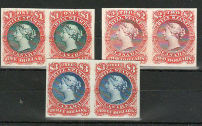 Canada #FB34P-FB36P VF 1865 $1-$3 Bill Stamp Proof Pair trio (6)