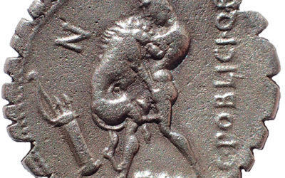 C. Poblicius Q.f. 80 BC Hercules strangles Nemean Lion, Silver Serrate Denarius