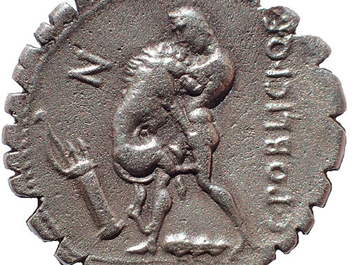 C. Poblicius Q.f. 80 BC Hercules strangles Nemean Lion, Silver Serrate Denarius