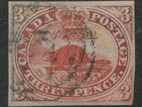 Canada #1 F/VF Used 1851 3d Beaver, Laid Paper