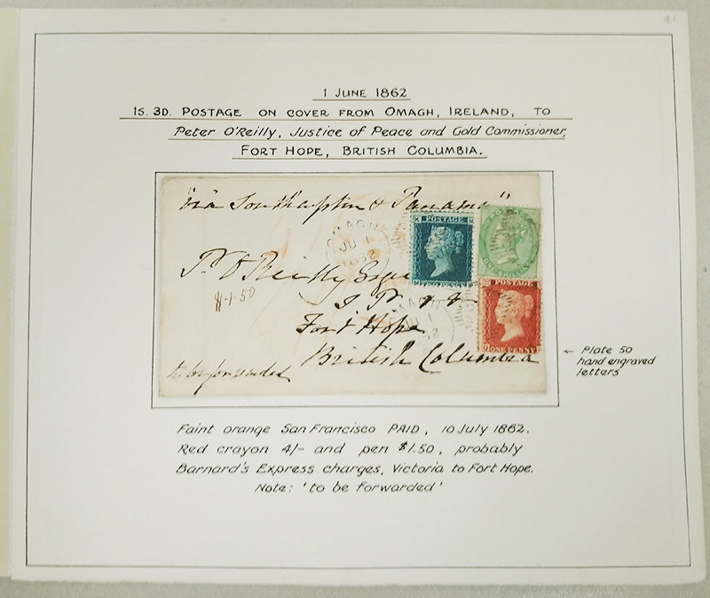 Page 41, Omagh 1862 three-colour franked O’Reilly Cover to Fort Hope, Fraser River Gold Rush Collection