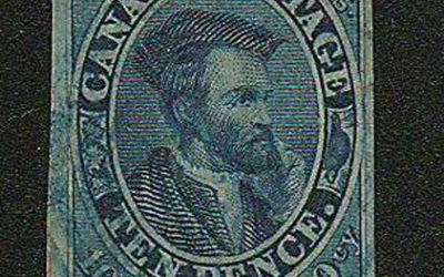 Canada #7 Fine blue cancel Used 1855 10d Cartier, Thin Paper