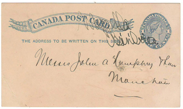 Wapella, Assa 1883 1c unrecorded manuscript postmark postal card