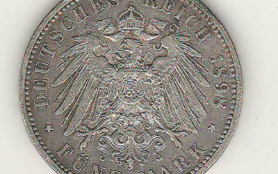 Prussia XF 1898A Wilhelm II Silver 5 Mark US$160. .8037oz ASW
