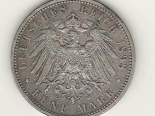 Prussia XF 1898A Wilhelm II Silver 5 Mark US$160. .8037oz ASW