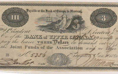 Bank of Upper Canada XF 1820 $3 uniface Banknote