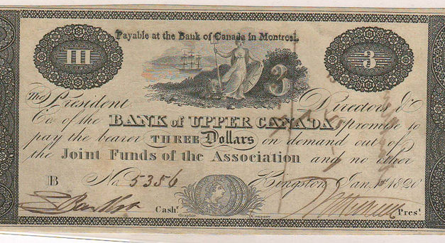 Bank of Upper Canada XF 1820 $3 uniface Banknote