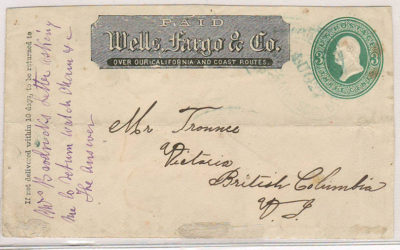 Victoria, V.I. SFR 3c Paid Wells Fargo Front, Thomas Trounce