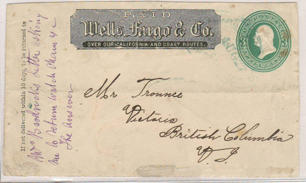 Victoria, V.I. SFR 3c Paid Wells Fargo Front, Thomas Trounce