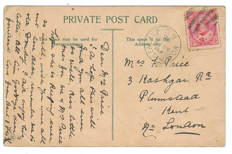 handwritten back of postcard