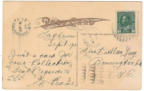 Williams Siding, B.C. RFE-1 1913 1c Art Postcard