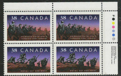 Canada #1250ii 1989 UR 38c Regiments Plate Block (4)