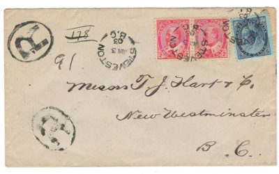 Steveston, B.C. #79, 90 3 Jul 1903 9c Registered Cover to New West  84 Steveston, B.C.