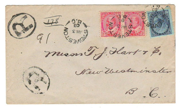 Steveston, B.C. #79, 90 3 Jul 1903 9c Registered Cover to New West  84 Steveston, B.C.