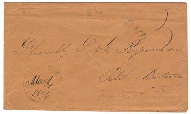 Louis Joseph Papineau addressed 3 Mar 1854 Paid 3 Cover