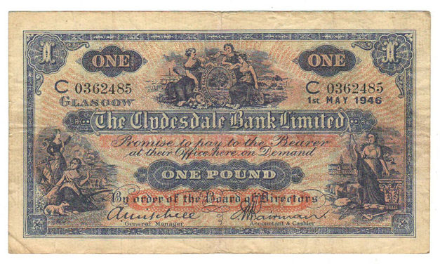 Clydesdale Bank P#189d Fine 1 May 1946 Pound Banknote