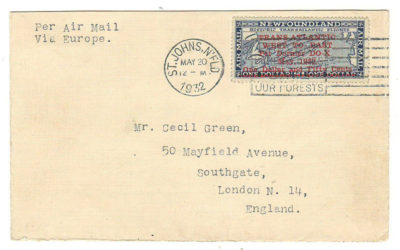 Newfoundland #C12 20 May 1932 Cecil Green DO-X Cover to London