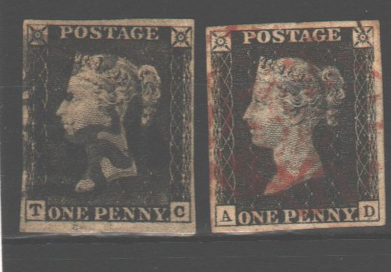 Collection of 2 black 1p stamps