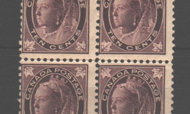 Canada #73 1897 10c QV Leaf Block $1600. (4)