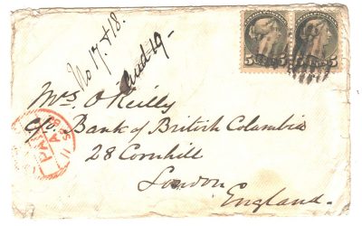Victoria, B.C. 21 Au 1882 5c SQ Pair Wellburn Cover to Mrs. O’Reilly, UK