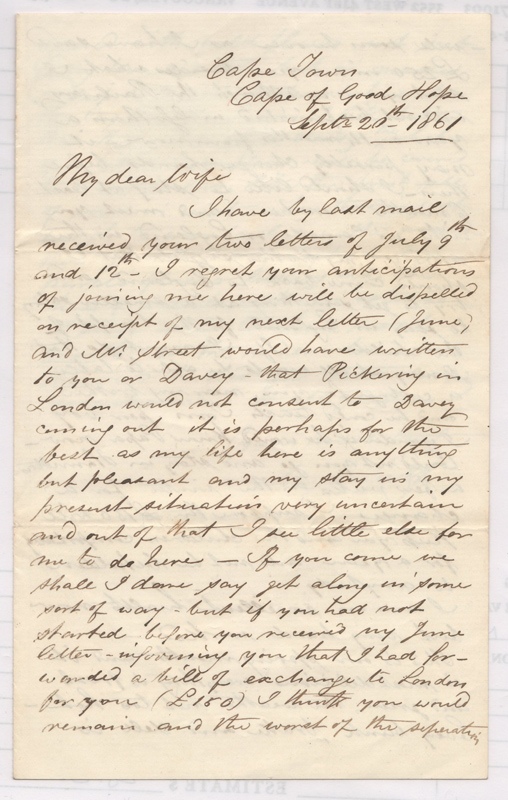 Marcus Smith 20 Sep 1861 3-sided Capetown Letter to his wife Anne, the daughter of a cousin of Sir Isaac Brock