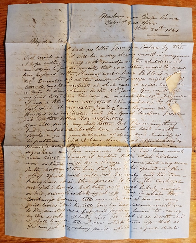 Marcus Smith 20 Feb 1861 4-page letter to his wife from Cape of Good Hope