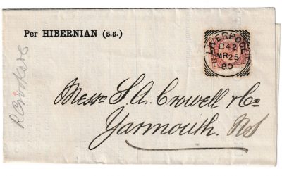 G.B. #58 25 Mr 1880 Sq Circle Used 1/2d Metal Report FLS to N.S.