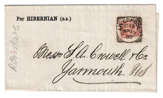 G.B. #58 25 Mr 1880 Sq Circle Used 1/2d Metal Report FLS to N.S.
