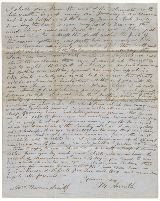 Capetown 18 Oct 1860 Marcus Smith 4-page letter to his Cdn wife