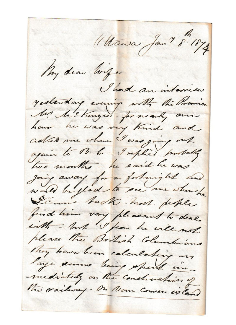Ottawa 7 Jan 1874 4-sided Marcus Smith Letter to wife mentions B.C.