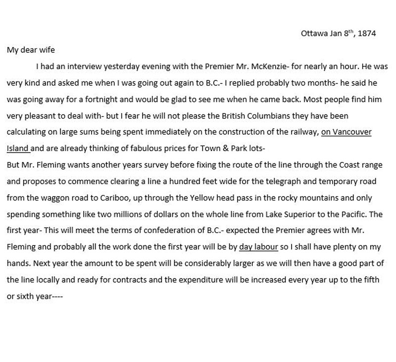Ottawa 7 Jan 1874 4-sided Marcus Smith Letter to wife mentions B.C.