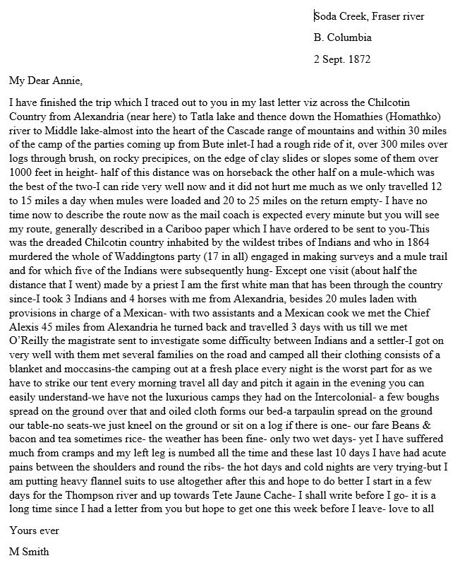 Soda Creek Fraser River, B.C. 2 Sep 1872 Marcus Smith Letter to wife