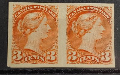 Canada #41b F/VF Unused 3c Small Queen Imperforate Pair, trivial chip