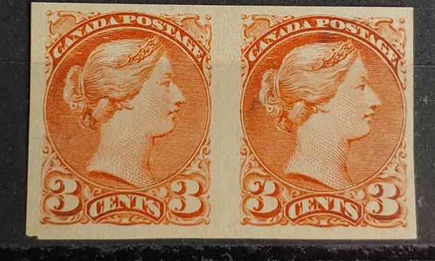 Canada #41b F/VF Unused 3c Small Queen Imperforate Pair, trivial chip