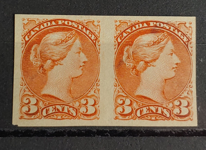 Canada #41b F/VF Unused 3c Small Queen Imperforate Pair, trivial chip