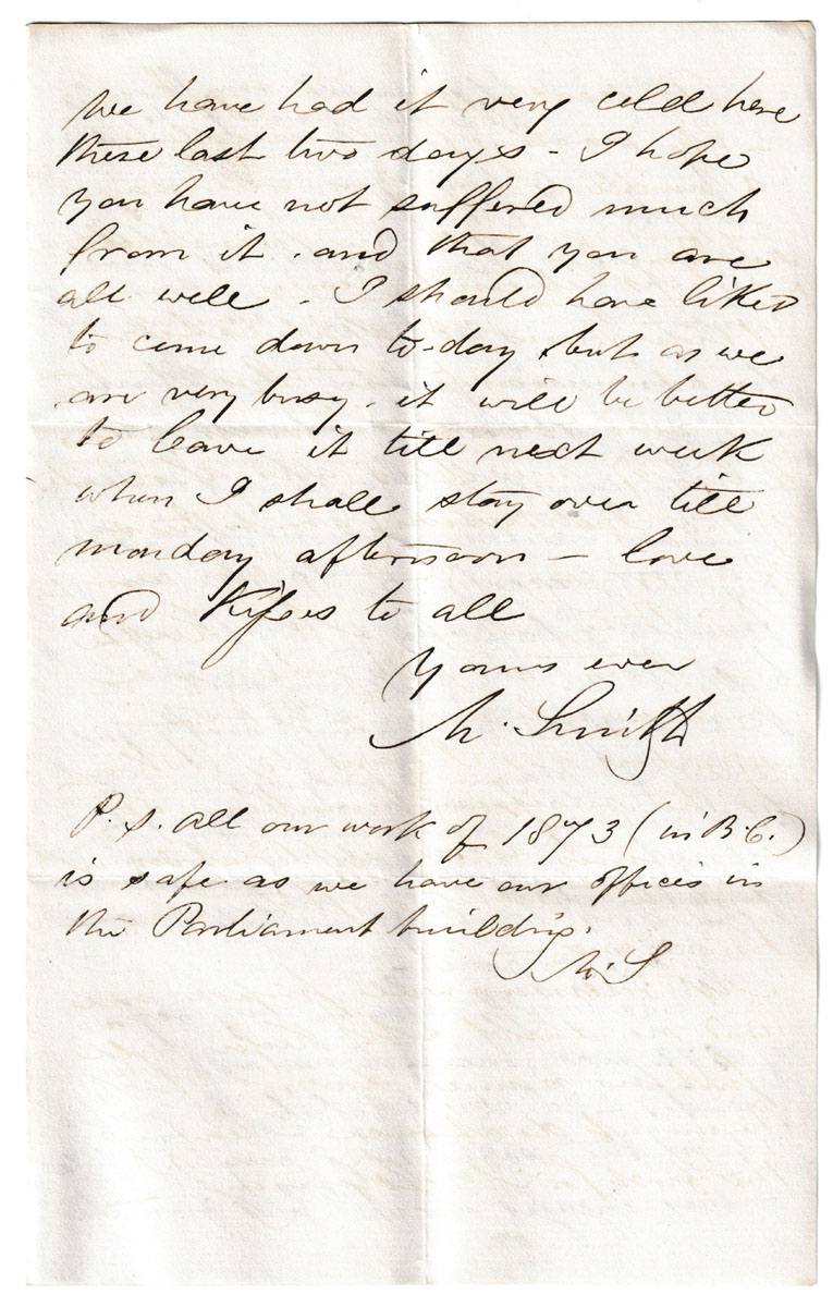 Ottawa 17 Jan 1874 content rich 4-page Marcus Smith letter to his wife