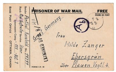 Canada 28 Sp 1943 P.O.W. Camp 133 Censored Postcard to Germany