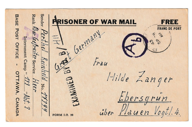 Canada 28 Sp 1943 P.O.W. Camp 133 Censored Postcard to Germany