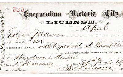 Victoria, B.C. 1875 $5 License issued to Edgar Marvin, ex Wellburn