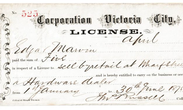 Victoria, B.C. 1875 $5 License issued to Edgar Marvin, ex Wellburn