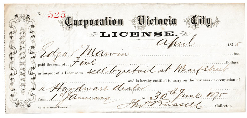 Victoria, B.C. 1875 $5 License issued to Edgar Marvin, ex Wellburn