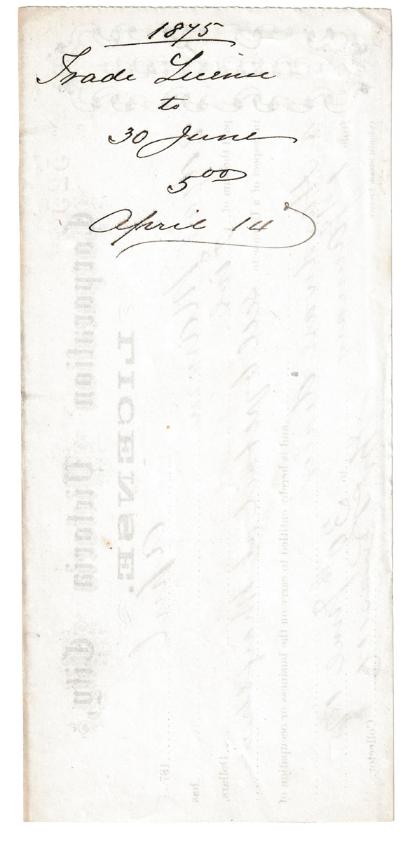 Victoria, B.C. 1875 $5 License issued to Edgar Marvin, ex Wellburn