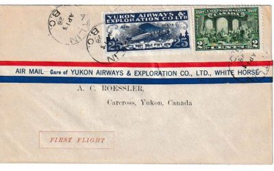 Yukon Airways #CL42f 13 ApR 1928 27c Atlin/Carcross Roessler FFC