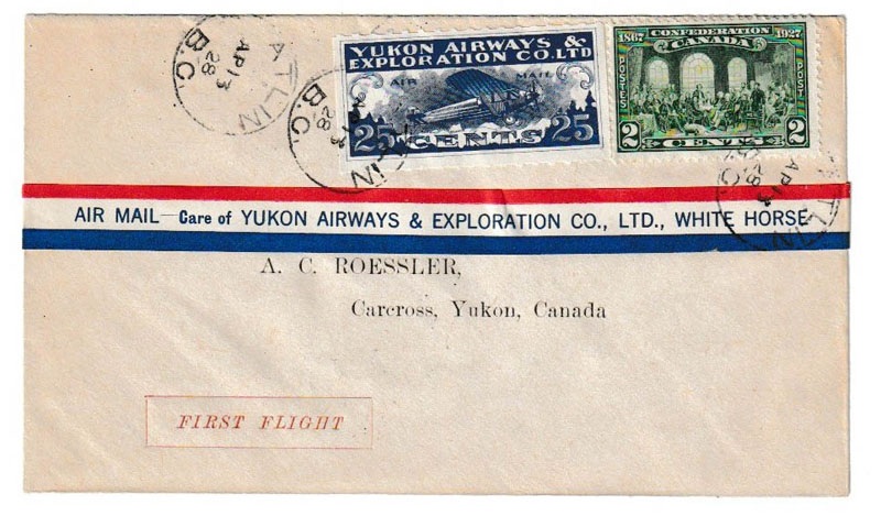 Yukon Airways #CL42f 13 Ape 1928 27c Atlin/Carcross Roessler FFC