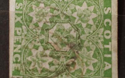 Nova Scotia #4 F/VF Used 1851 6d Yellow Green, tiny thin