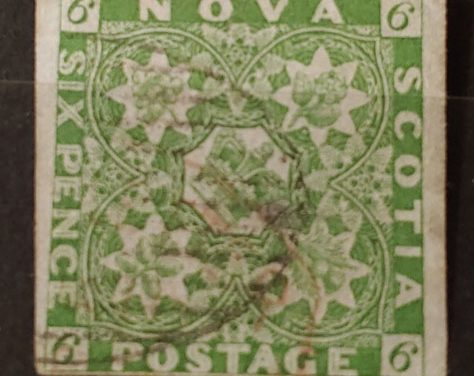 Nova Scotia #4 F/VF Used 1851 6d Yellow Green, tiny thin