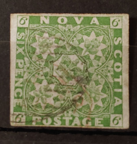 Nova Scotia #4 F/VF Used 1851 6d Yellow Green, tiny thin $850